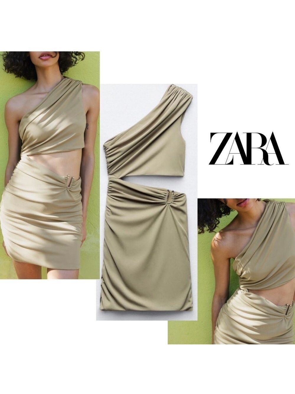 Zara khaki green draped ruched one shoulder asymmetrical cut-out mini dress XL